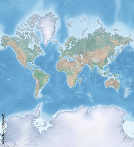 Map of the world in Mercator projection - shaded relief, the map colors gradually blend into one another across regions and from lowlands to highlands - 3D rendering photo