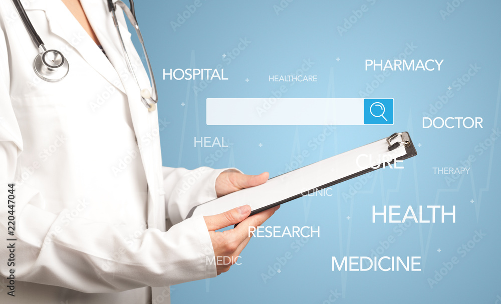 Female doctor holding notepad with blue background and search bar with hovering medical words Female doctor holding notepad with blue background and search bar with hovering medical words