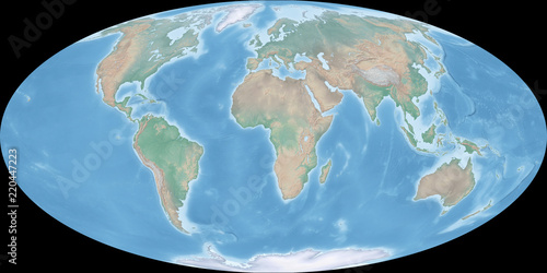 Map of the world in Mollweide projection - shaded relief, the map colors gradually blend into one another across regions and from lowlands to highlands - 3D rendering