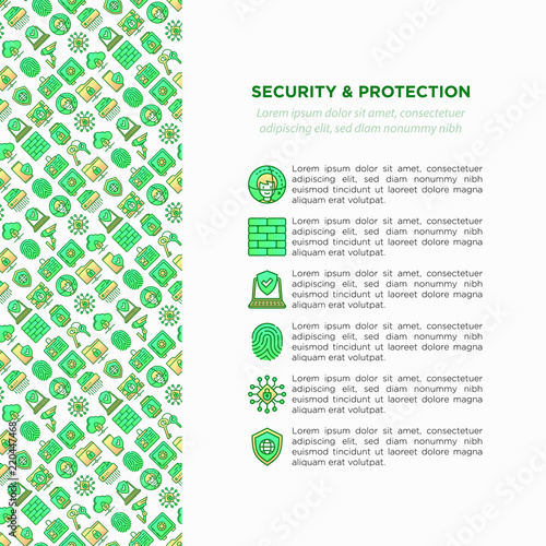 Security and protection concept with thin line icons: mobile security, fingerprint, badge, firewall, face ID, secure folder, surveillance camera, shredder. Vector illustration, print media template.