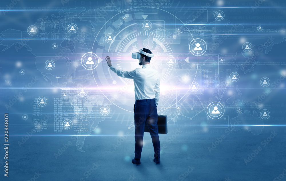 Manager with vr headset and social network research concept
Manager with vr headset and social network research concept