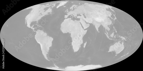 Map of the world in Mollweide projection - terrain depicted monochromatically in shades of gray. Gray Earth with Shaded Relief, Hypsography, Ocean Bottom, and Drainages - 3D rendering