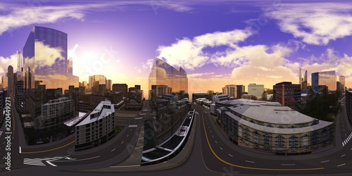 Panorama of the modern city. Environment map. HDRI . equidistant projection. Spherical panorama. landscape. 3d rendering 
