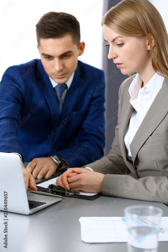 Business people using laptop pc while discussing project in office Business people using laptop pc while discussing project in office