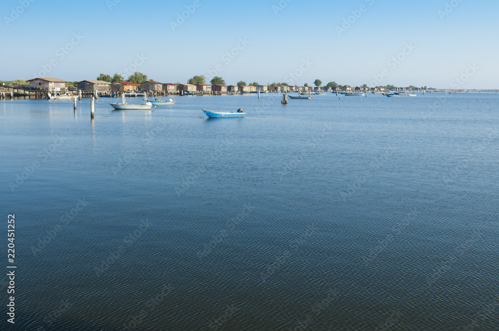 Mussel cultivation boats, at Scardovari lagoon, Po' river delta, Adriatic sea, Italy