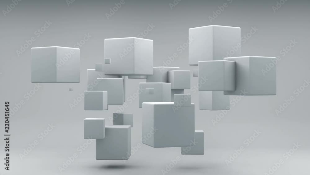 3D animation of flying white cubes of different sizes, in weightlessness.