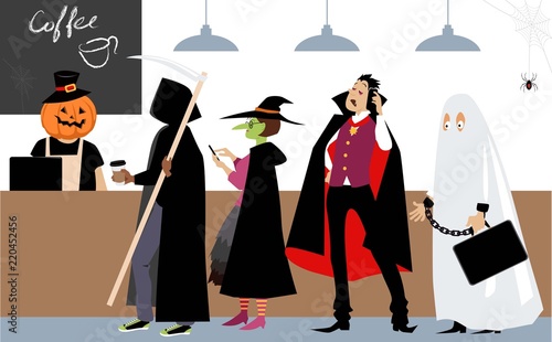 Diverse group of people in Halloween costumes  standing in line to a cash register in a coffee shop, EPS 8 vector illustration