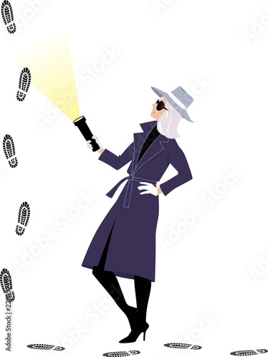 Mystery woman or a female detective following footprints, EPS 8 vector illustration