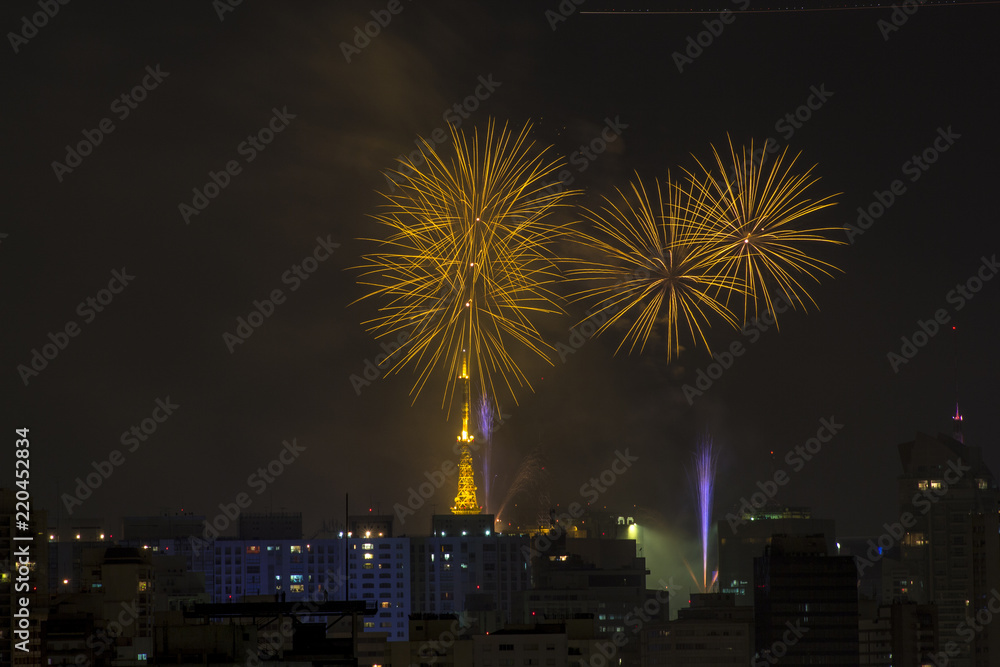 Sao Paulo, Brazil January 01, 2013. Burning of fireworks of Paulista Avenue during the Reveillont 2013, seen from the neighborhood of the Aclimacao.