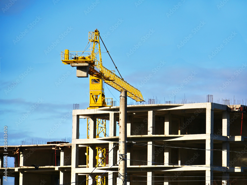 Building site. Construction site with crane and building. Building site. Construction site with crane and building.