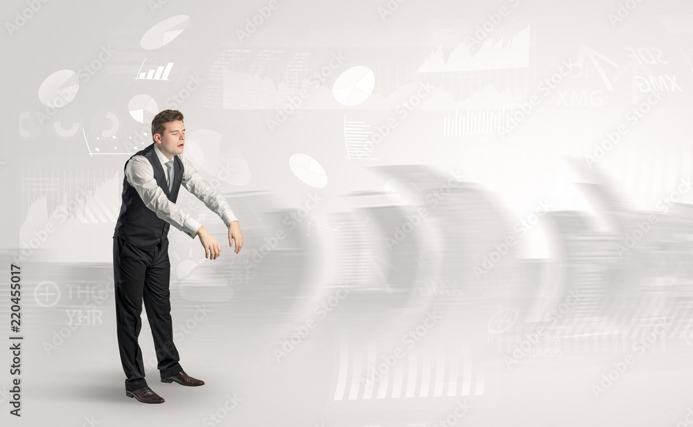 Young elegant businessman with city and report dream concept Young elegant businessman with city and report dream concept