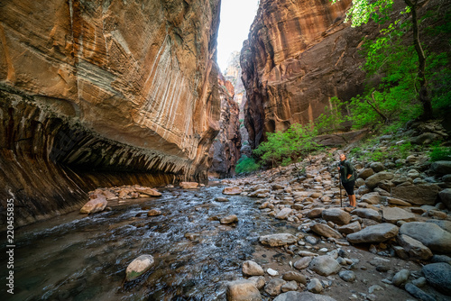 Young Female Hiking Through the Narrows, Zion National Park, Utah - USA