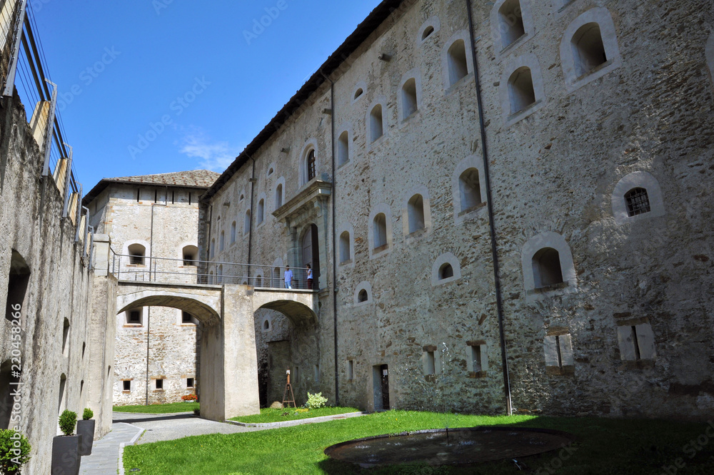 Bivacco Lampugnani, Fort Bard, Valle d'Aosta, Italy - August 21, 2018: Historic military construction defense Fort Bard. Medieval fortress in Italian Alps.