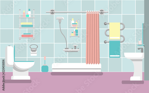 Interior of the bathroom with a shower in the style of flat. Vector illustration.