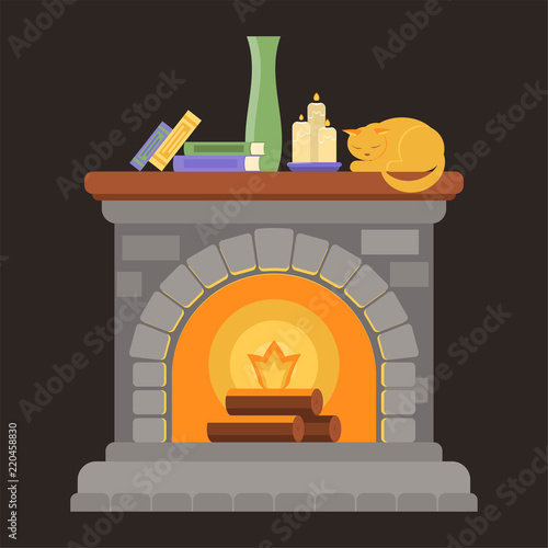 A fireplace made of gray bricks with a wooden shelf with books, candles, a vase and a sleeping cat.