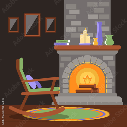 Interior of a living room with a fireplace and a rocking chair.