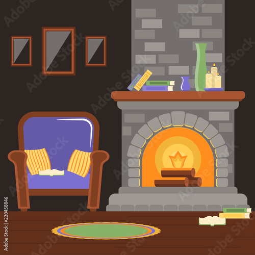 Interior living room with fireplace and armchair, reading room.