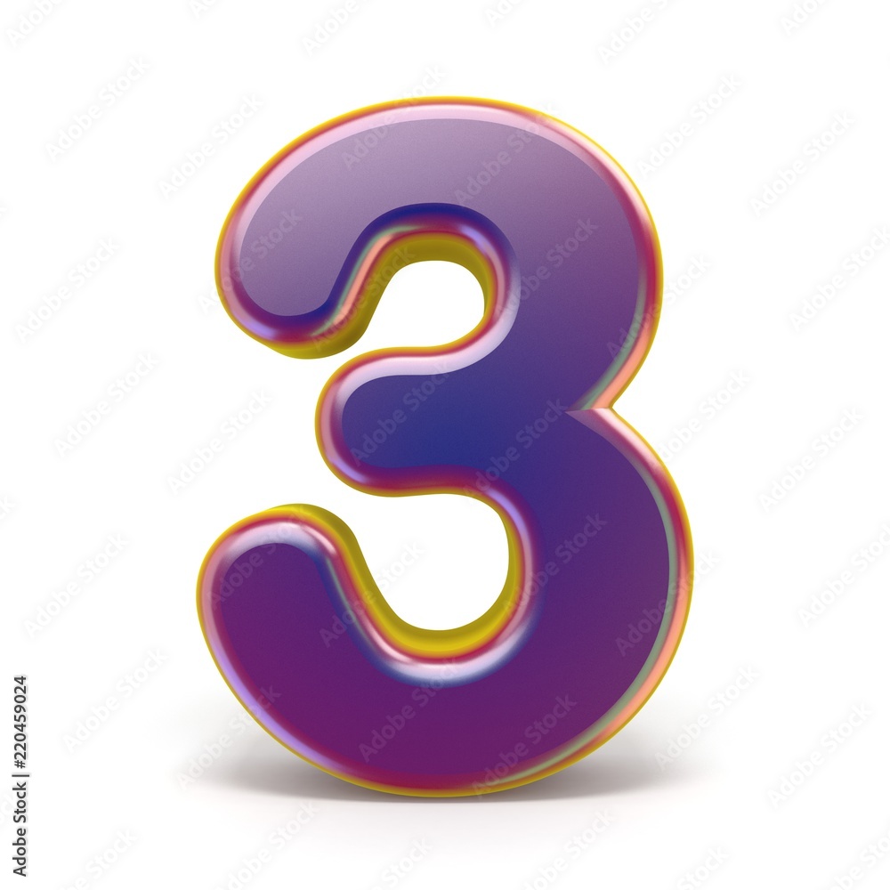 Number THREE 3 purple font yellow outlined 3D Number THREE 3 purple font yellow outlined 3D