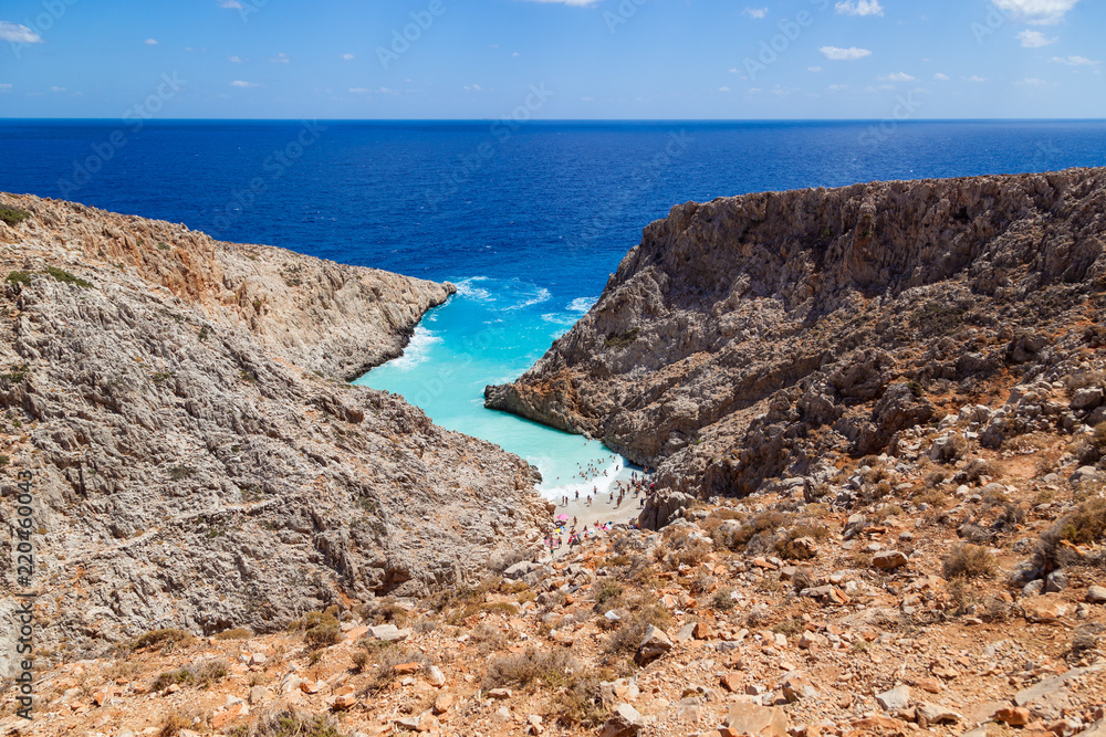 Seitan limania or Agiou Stefanou, the heavenly beach with turquoise water. Chania, Akrotiri, Crete, Greece. Seitan limania or Agiou Stefanou, the heavenly beach with turquoise water. Chania, Akrotiri, Crete, Greece.
