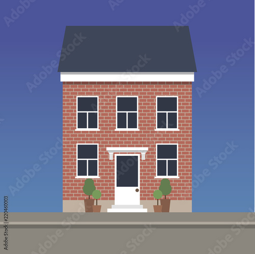 Two-story classic house made of red brick. Vector illustration.