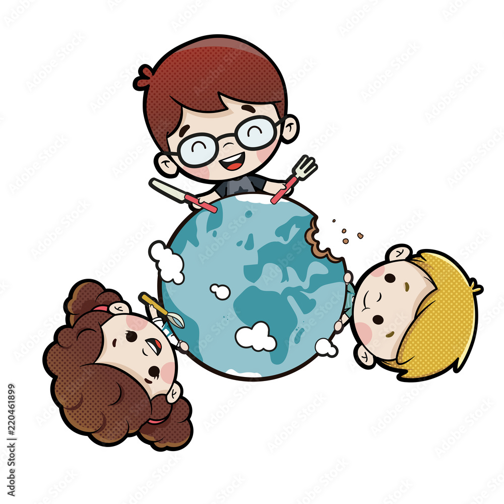 Niños comiéndose el mundo. Planeta tierra Stock Illustration | Adobe Stock