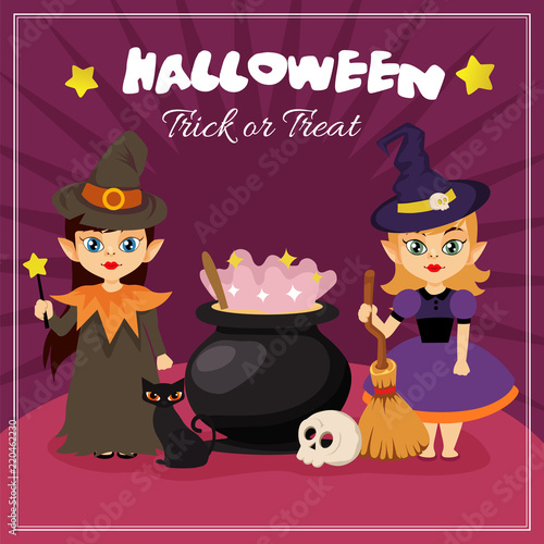 cute halloween card with two little sorceress