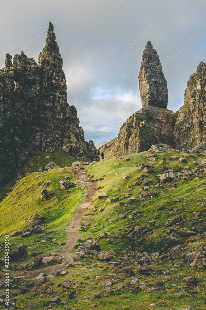 A person standing in front of Old Man of Storr on the Isle of Skye in Scotland