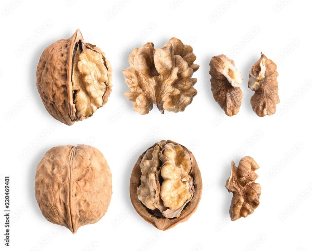 Walnuts on white background. top view Walnuts on white background. top view