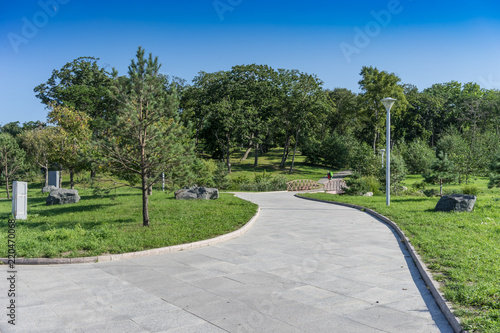 Fototapeta Naklejka Na Ścianę i Meble -  A path in a modern well-kept Park with green trees and a wooden bridge