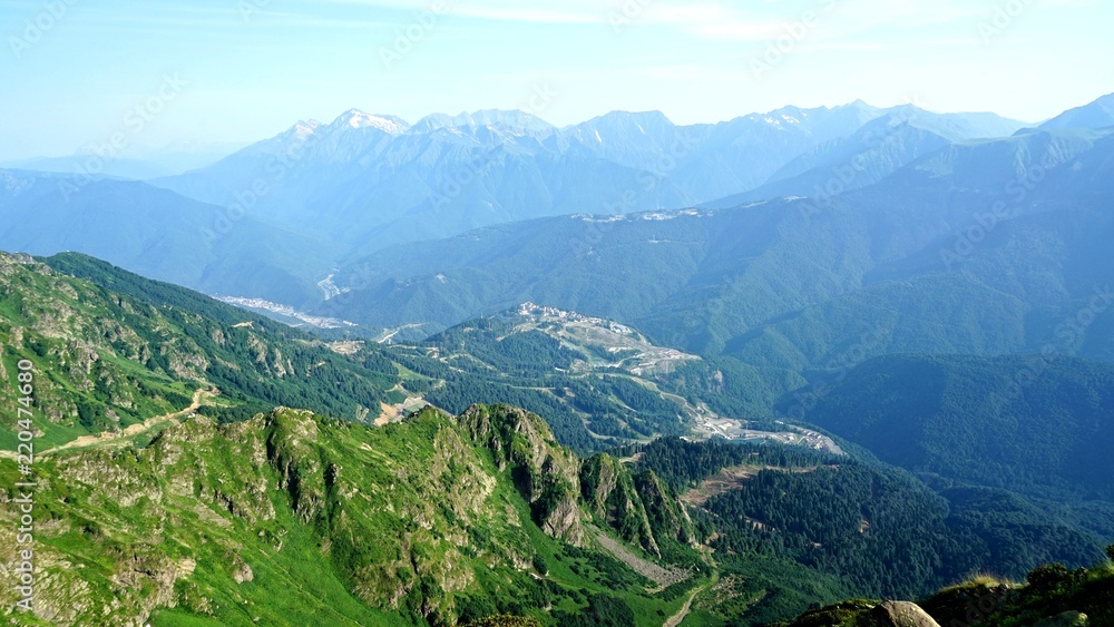 Fototapeta premium Beautiful view from the peak of Black Pillar mountain, Krasnaya Polyana