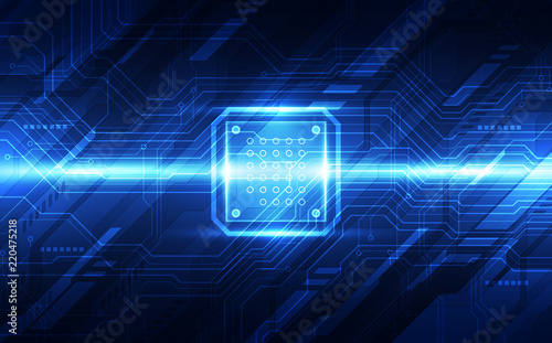 Abstract technology chip processor background circuit board and code, illustration blue technology background vector.
