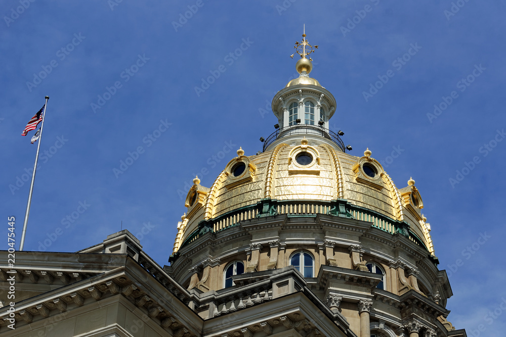 The Iowa State Capitol dome gleams in the sunlight. The beautiful dome has stood over Des Moines since 1886.