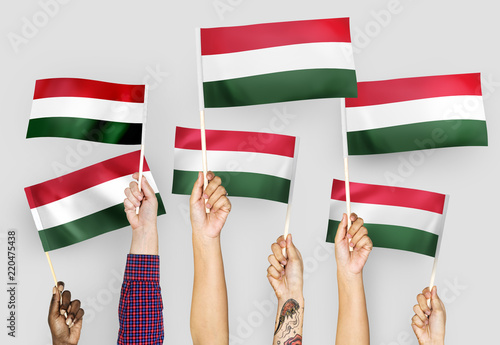 Hands waving flags of Hungary Fototapet