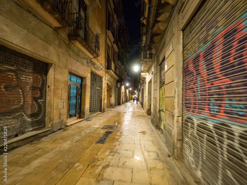 Graffiti filled alley in Barcelona at night, Spain after rain