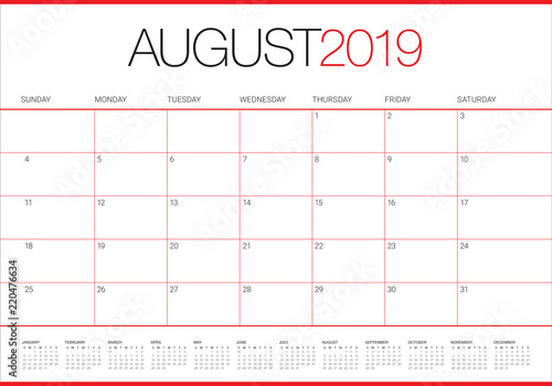 August 2019 desk calendar vector illustration