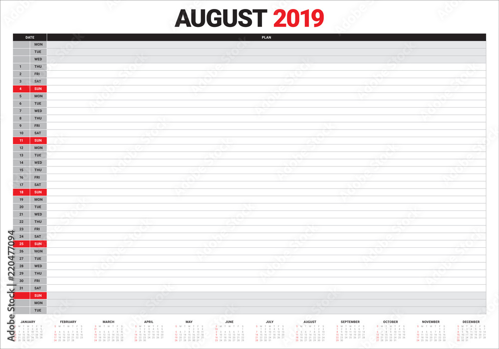 August 2019 desk calendar vector illustration August 2019 desk calendar vector illustration
