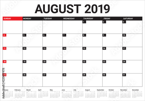 August 2019 desk calendar vector illustration