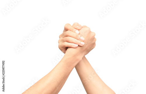 male and female arm wrestling on the white background