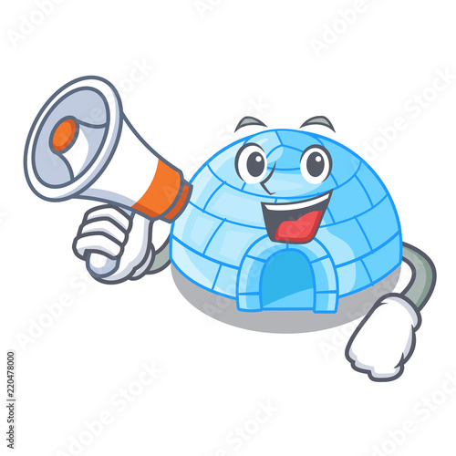 With megaphone character cartoon ice house in snowfield
