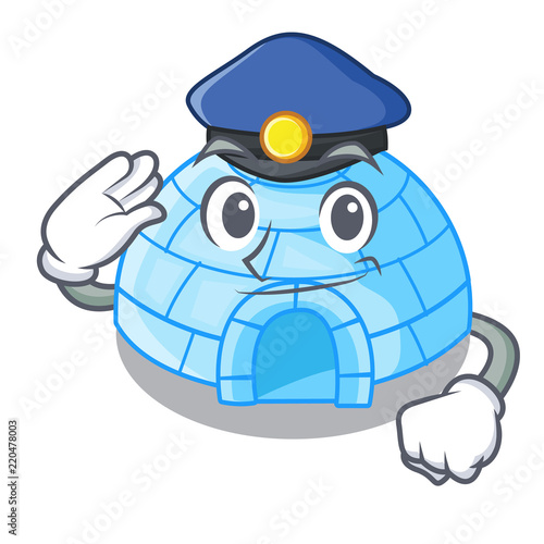 Police character cartoon ice house in snowfield