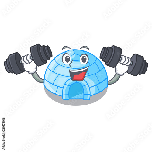 Fitness character cartoon ice house in snowfield