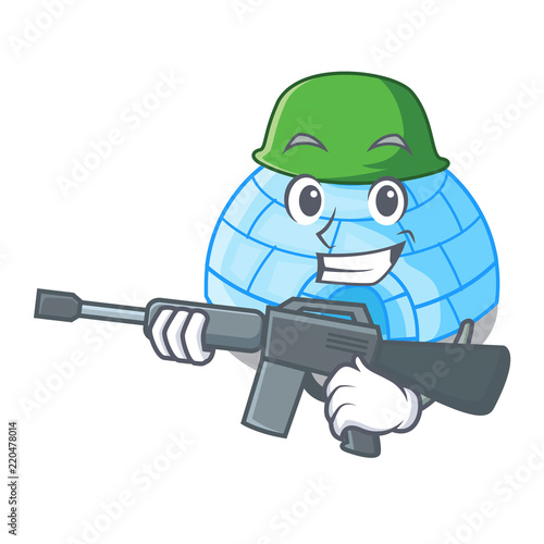 Army character cartoon ice house in snowfield
