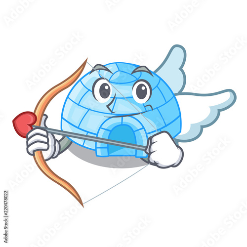 Cupid character cartoon ice house in snowfield