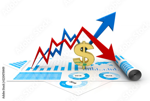 Business graph with Dollar sign. Dollar growth and loss concept. Dollar Market fluctuation Concept. 3d rendering