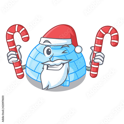 Santa with candy cartoon ice house igloo on snowing day