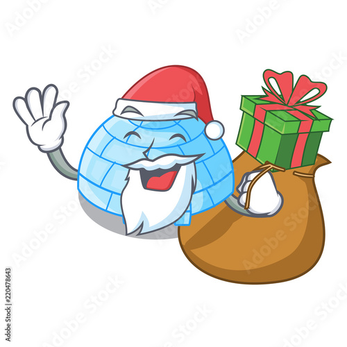 Santa with gift cartoon ice house igloo on snowing day