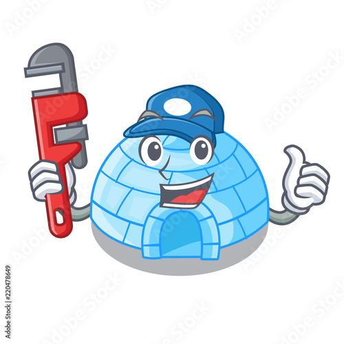 Plumber cartoon ice house igloo on snowing day