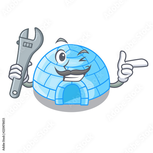 Mechanic cartoon ice house igloo on snowing day