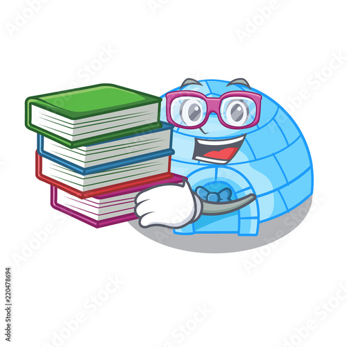 Student with book cartoon ice house igloo on snowing day