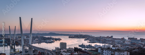 Panorama of Golden bridge and Golden Horn bay at sunset, Vladivostok, Russia